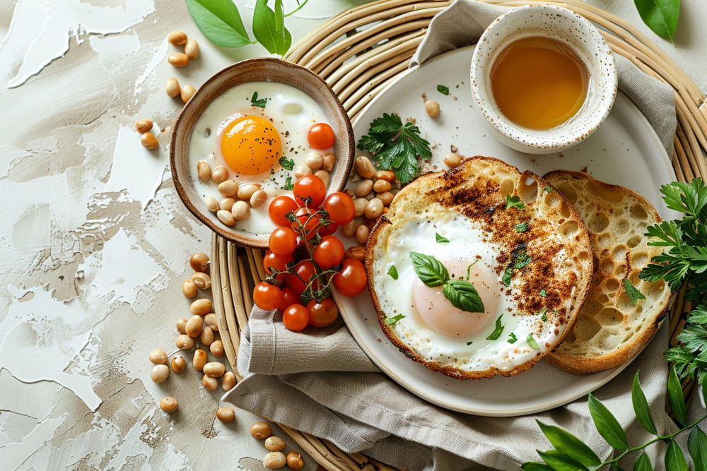 A variety of gluten-free breakfast options including a bowl of fresh fruit, scrambled eggs with spinach, and a slice of gluten-free toast.