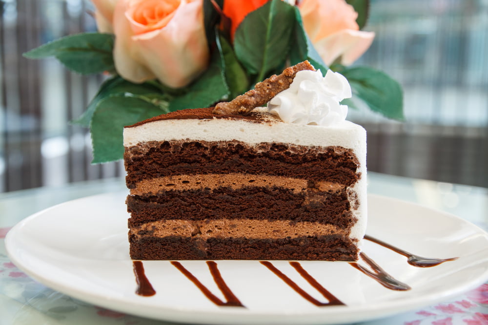 A slice of fluffy vanilla cake with rich chocolate frosting on a white plate.