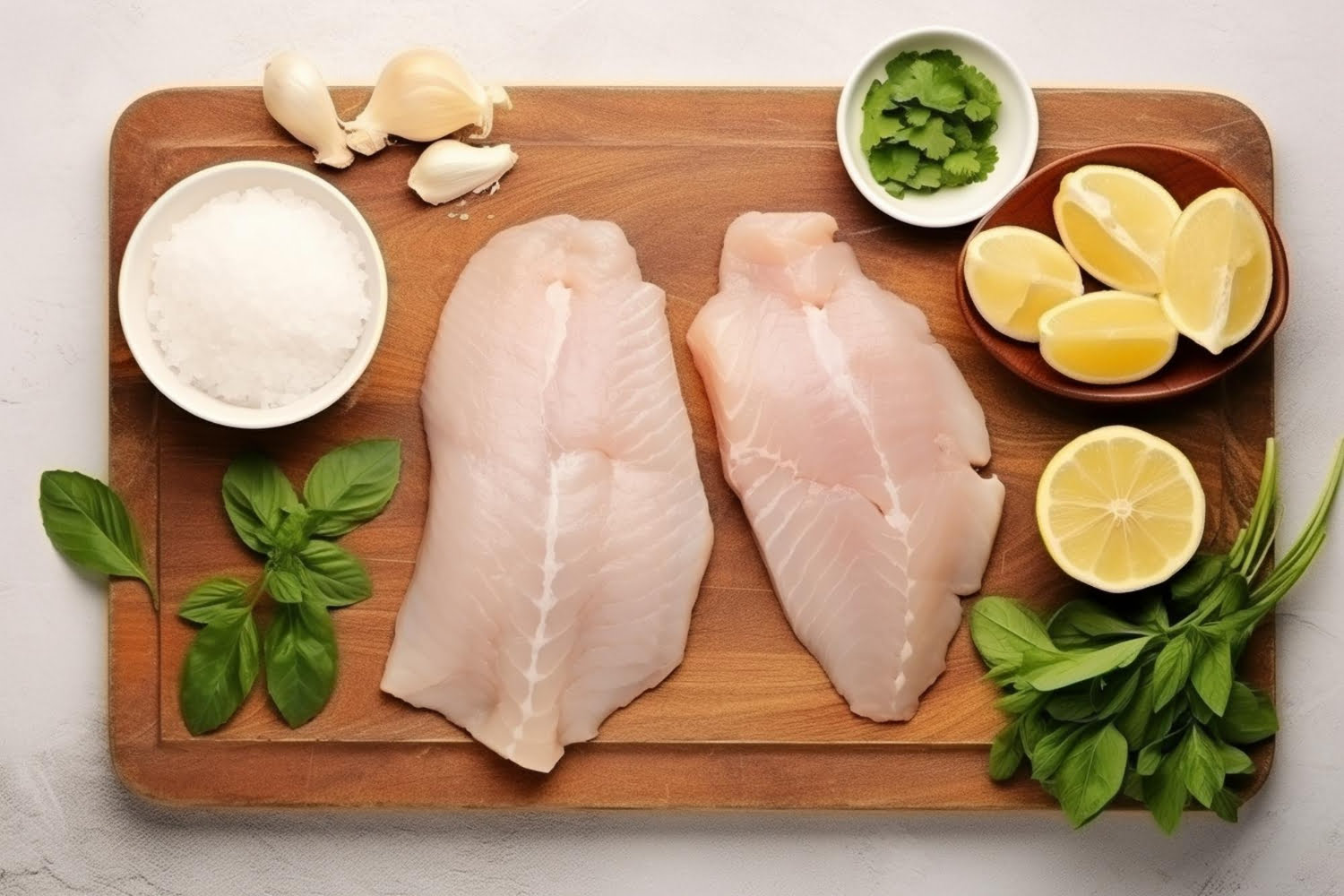 A skillet with diced chicken breast cooking, seasoned with herbs and spices.