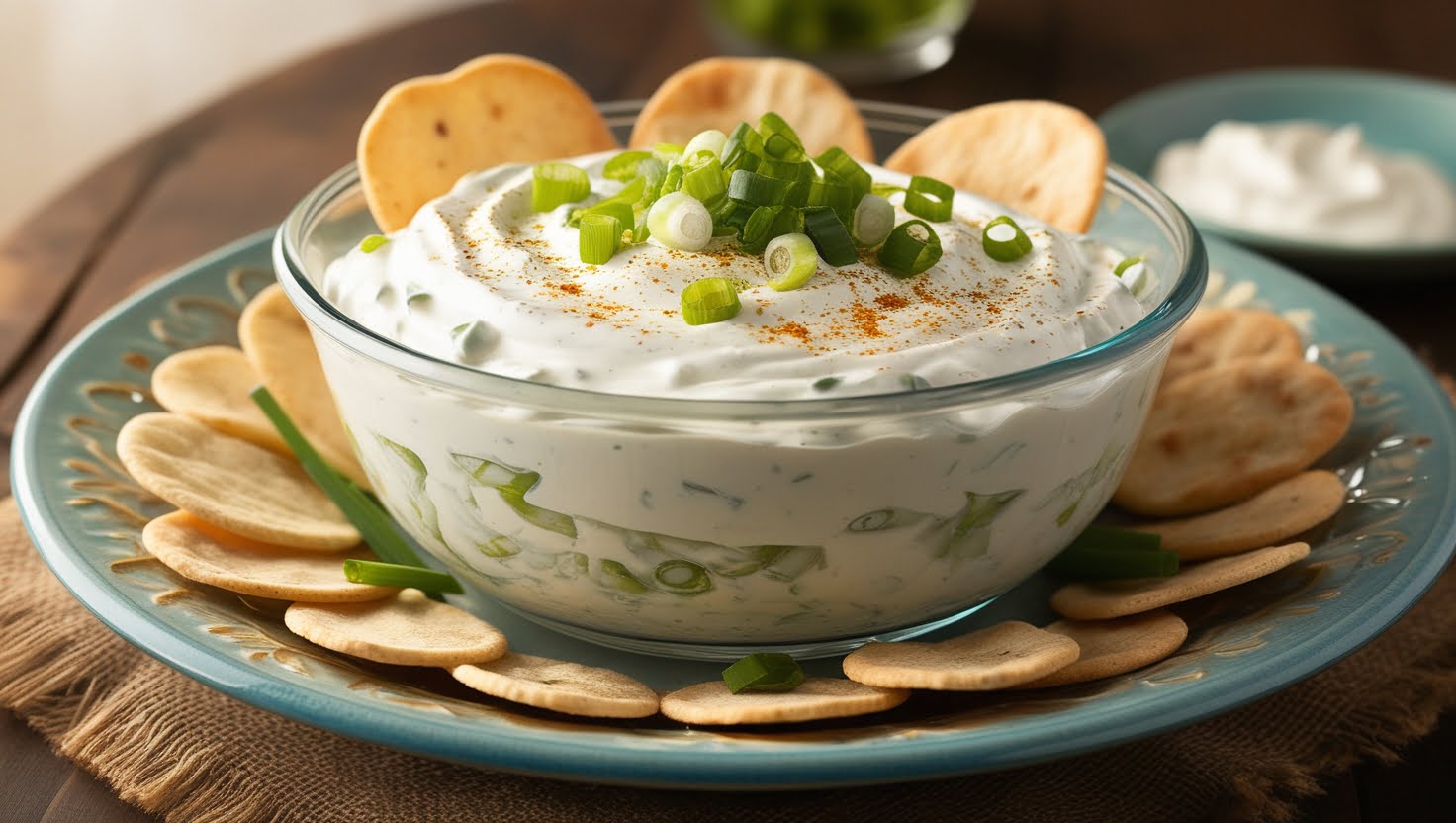 A bowl of creamy sour cream and onion dip served with chips and veggies, featuring a tangy onion flavor and rich, smooth texture.