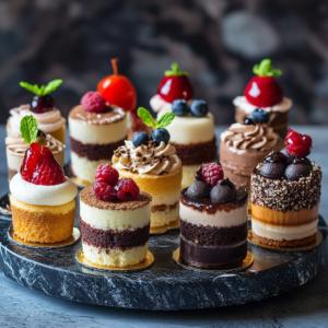 Mini chocolate cakes on a tray, topped with ganache and edible gold flakes.