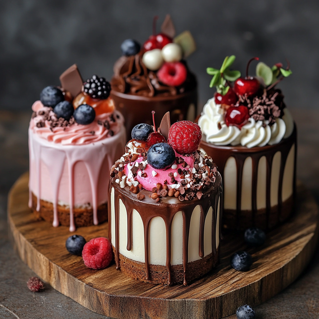 An assortment of colorful mini cakes decorated with frosting, fresh fruit, and sprinkles, displayed on a cake stand