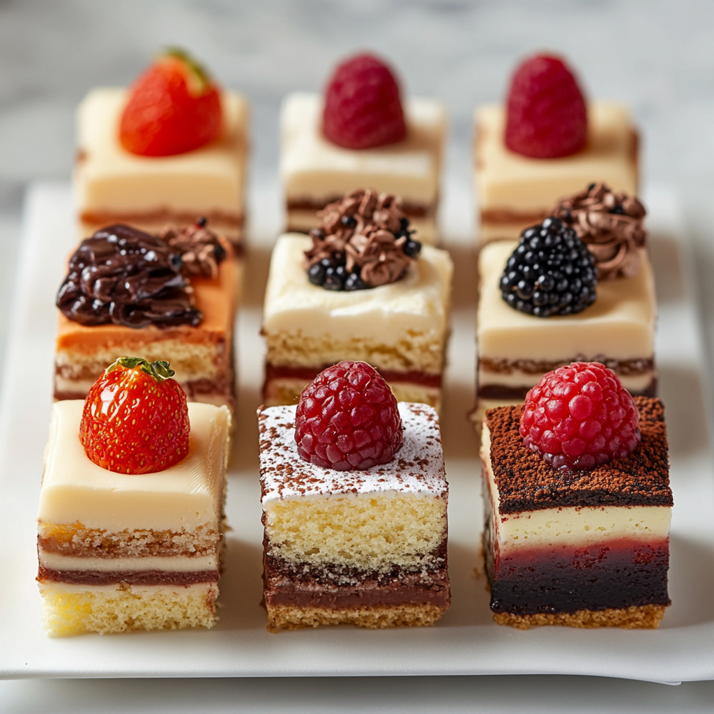 An assortment of beautifully decorated mini cakes on a platter, featuring various flavors and toppings