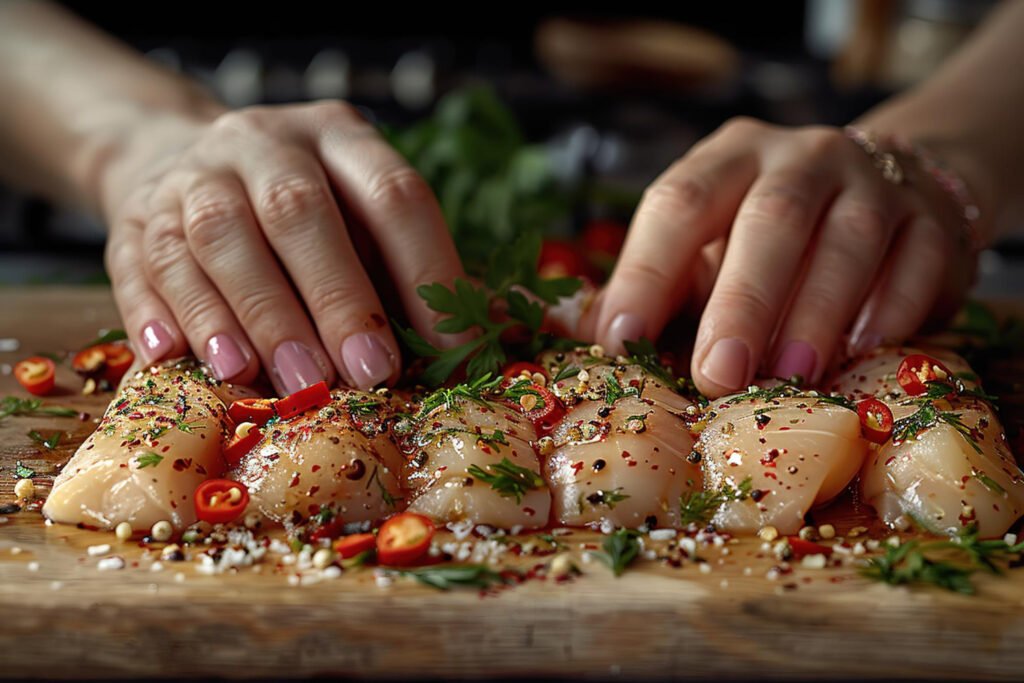 "Step-by-step process of dicing chicken breast on a cutting board with a sharp knife."