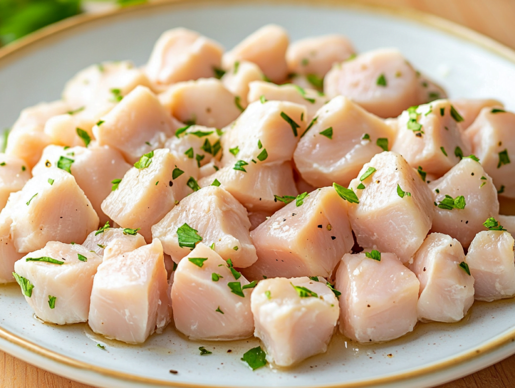 A delicious serving of cubed chicken sautéed with vegetables and herbs, served on a white plate. The dish is quick and easy to prepare, making it perfect for weeknight dinners.