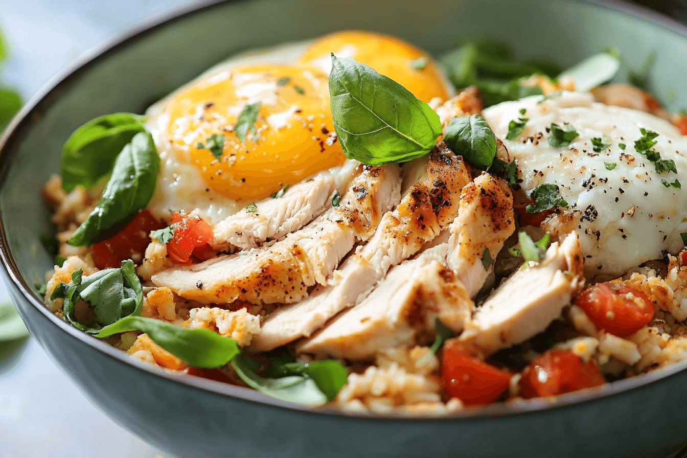 A variety of delicious and healthy chicken breakfast recipes, including burritos, omelettes, and wraps, featuring lean chicken and fresh ingredients.