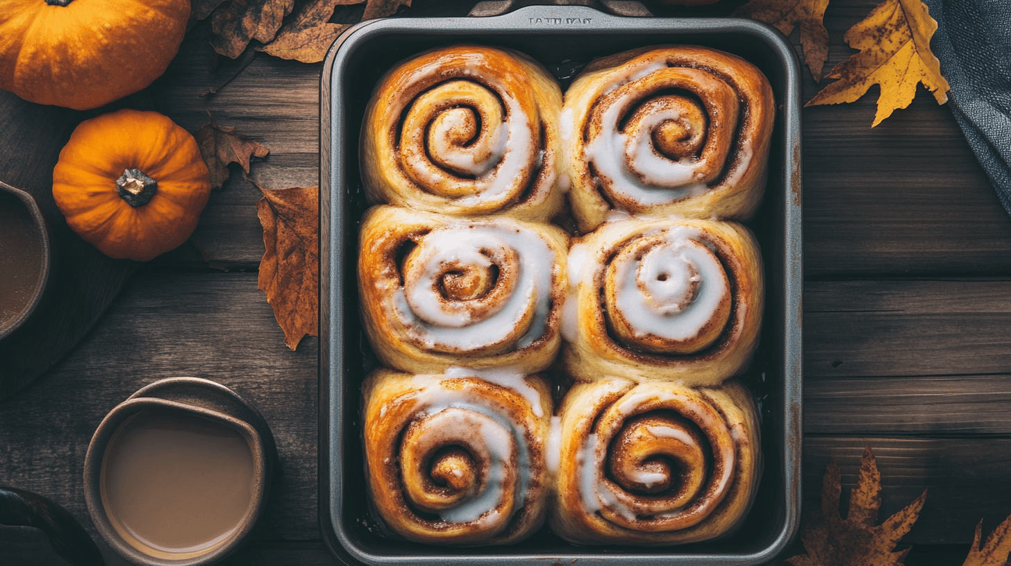 Freshly baked pumpkin spice cinnamon rolls drizzled with cream cheese glaze, perfect for a cozy fall treat.