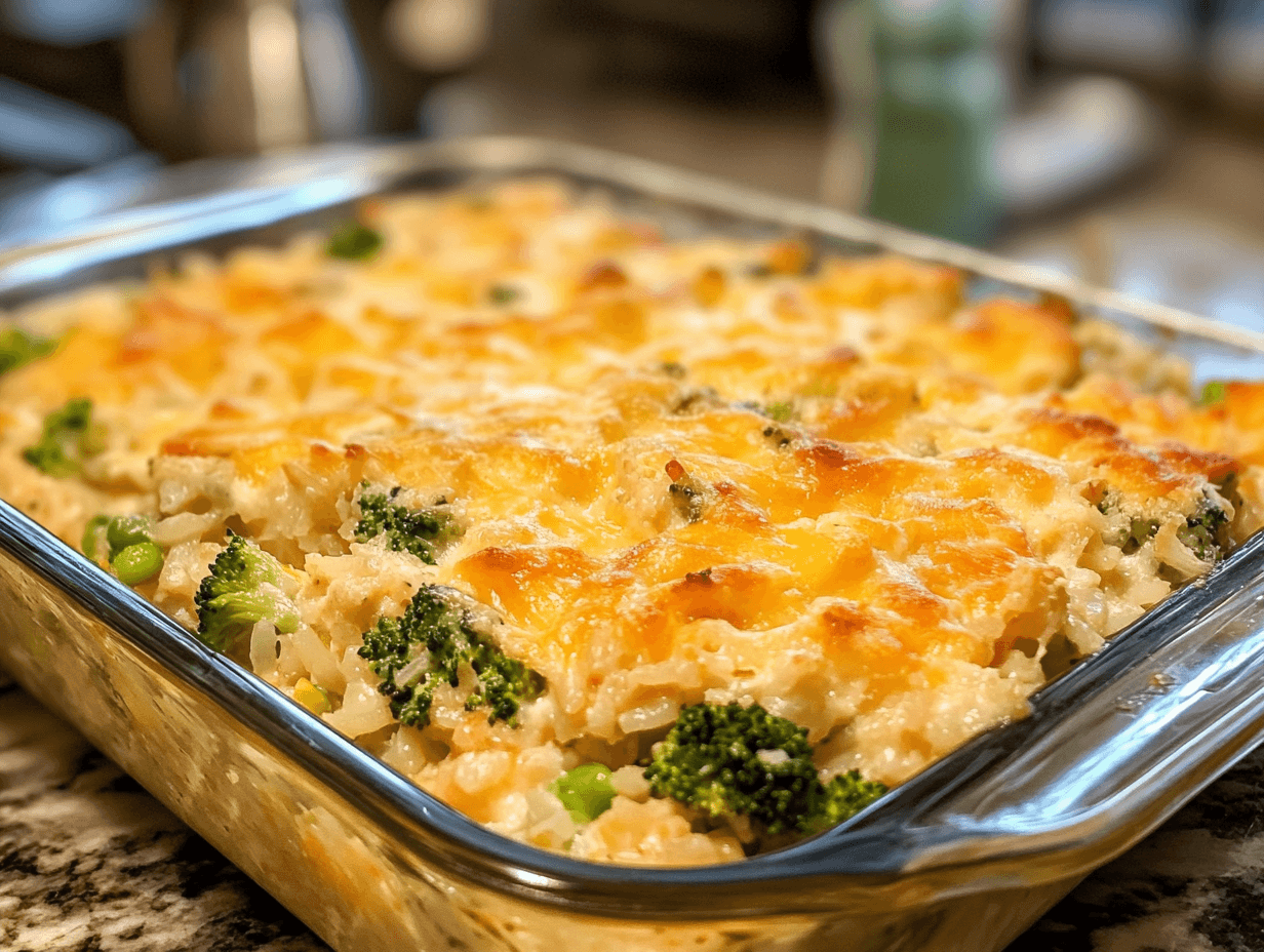 A delicious chicken broccoli rice casserole baked to perfection, topped with melted cheese and golden, crispy breadcrumbs in a 9x13 dish.