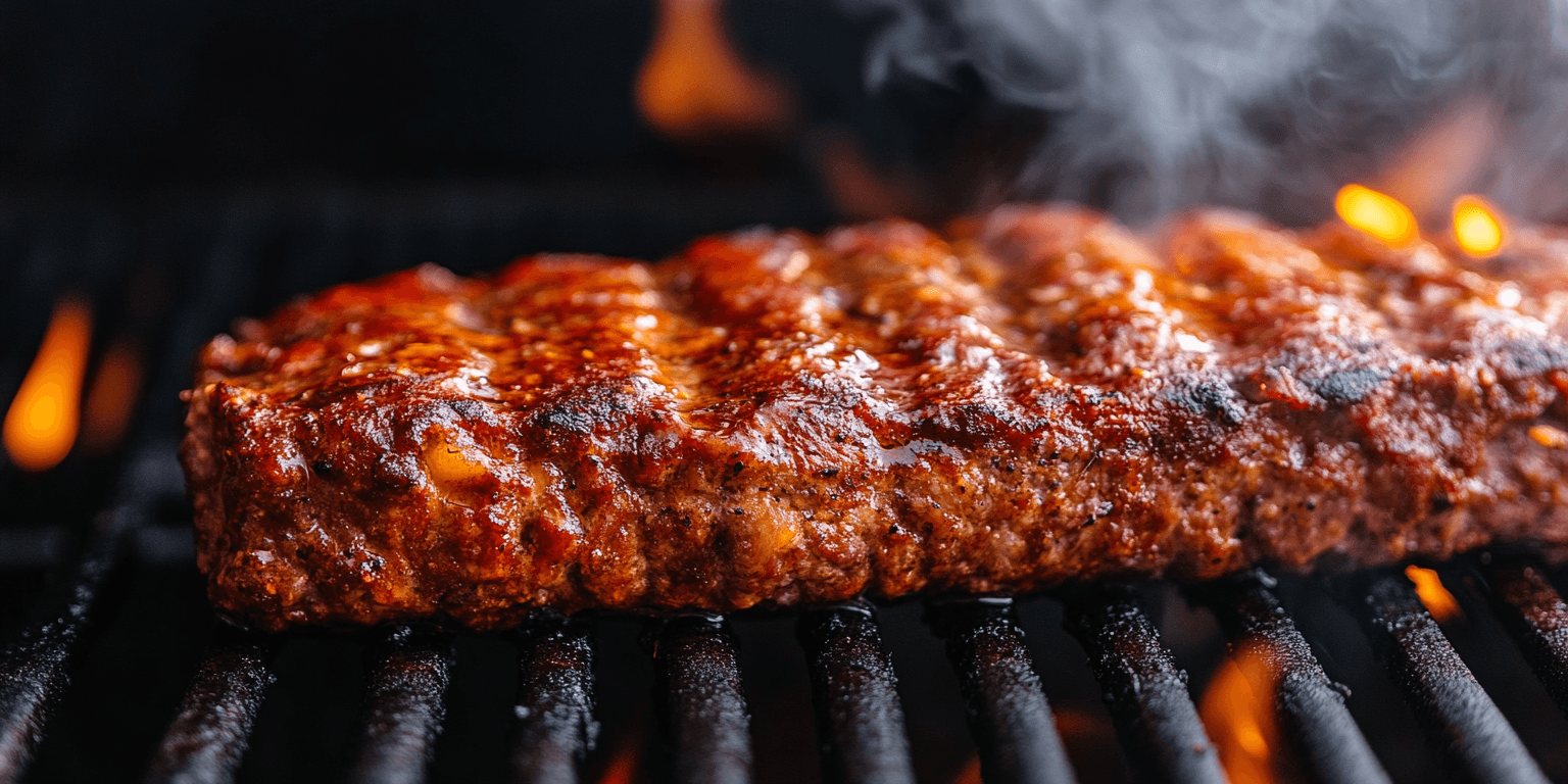 Smoked meatloaf on a grill with BBQ glaze being applied during the smoking process.