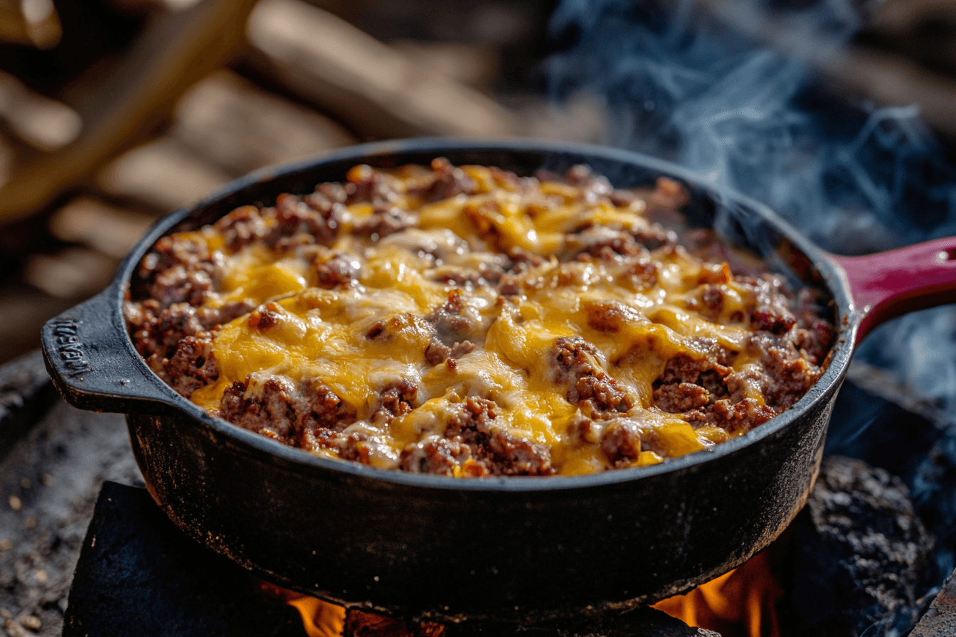 A hearty smoked hamburger casserole topped with melted cheese and garnished with fresh herbs, served hot from the oven in a cast iron skillet.