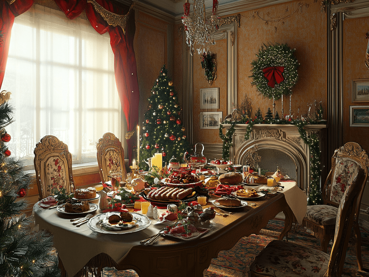 A festive Christmas dinner table with a roasted turkey centerpiece, side dishes, and holiday decorations in a cozy, warm-lit setting.