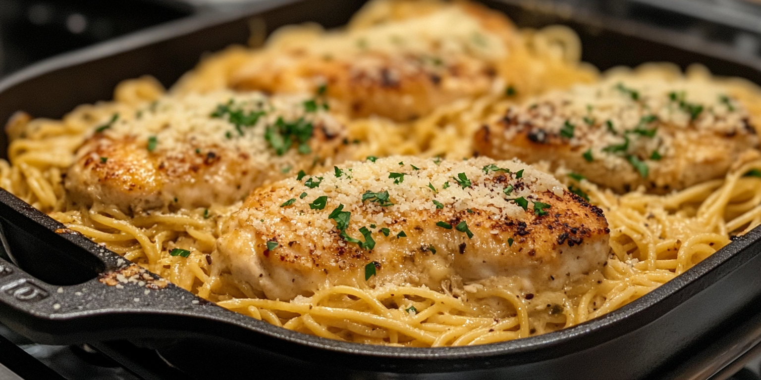 Close-up of Garlic Parmesan Chicken Pasta featuring tender chicken slices, creamy sauce, and garnished with parsley and Parmesan cheese.